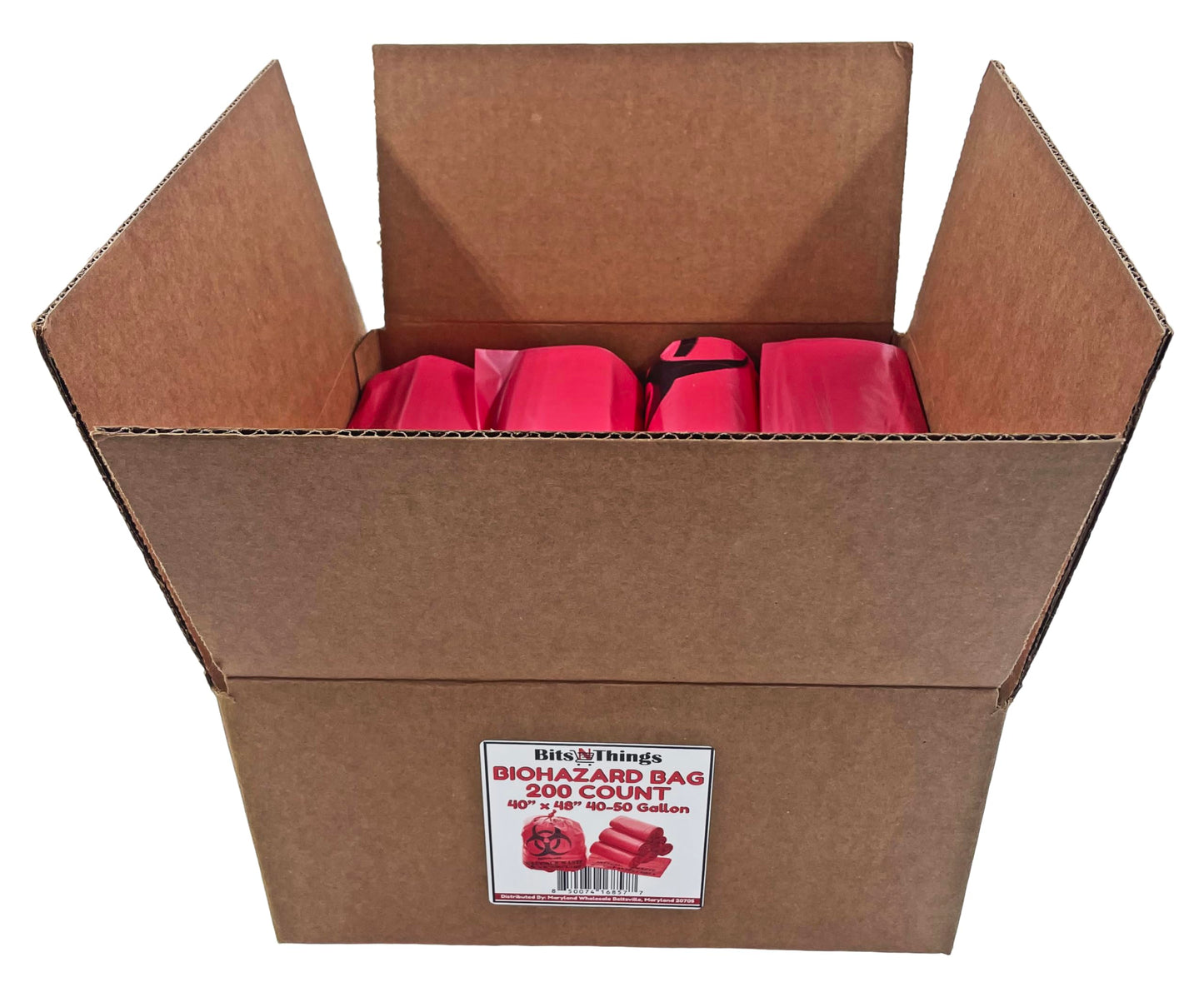 Bits N Things Infectious Biohazard Red Waste Bags | Hazardous Trash Can Liners | Medical Grade No Leak Bags | Great for Lab Containers, Swabs, Pads, Gloves | (200 Count - 40" x 48" (40-50 Gallon))