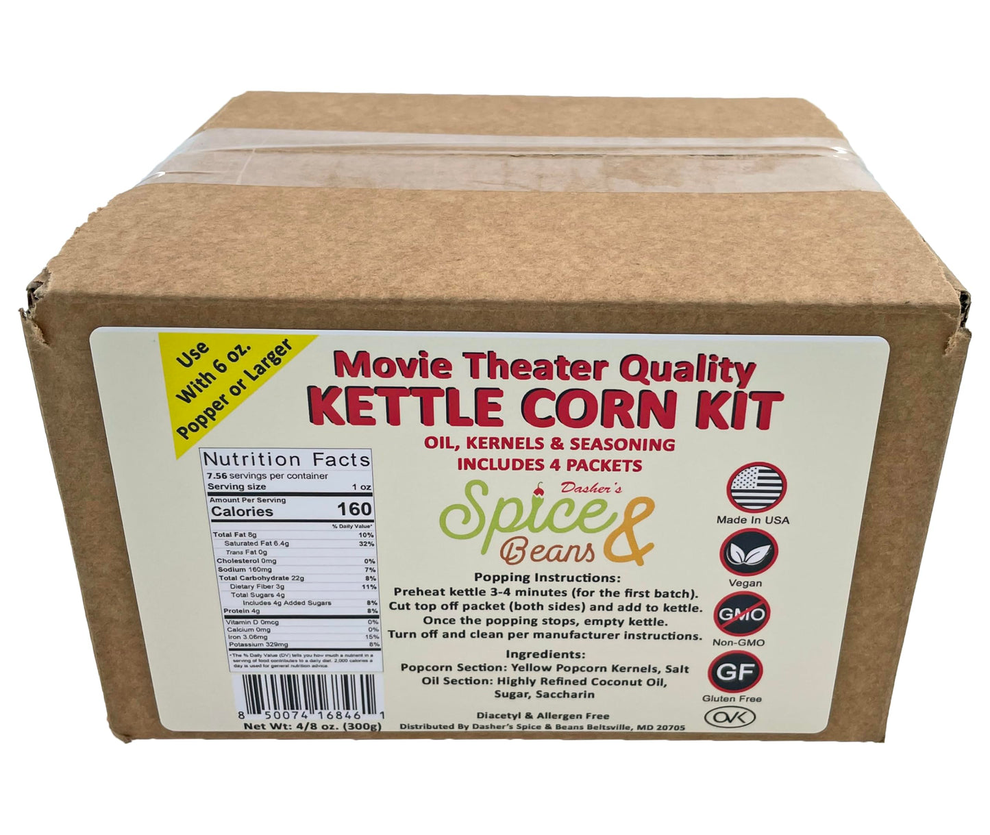 Home Theater All in One Kettle corn Kit For 6 oz. Popper | Portion Packets with Kernels, Oil and Seasoning | By Dasher's Spice & Beans | Pack of 4