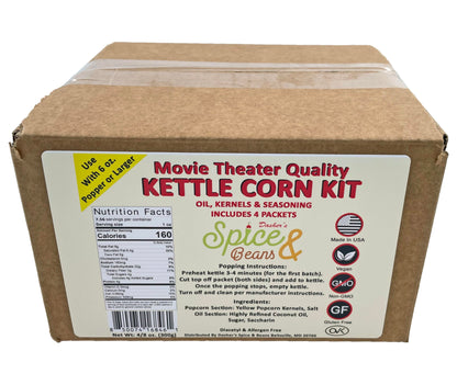 Home Theater All in One Kettle corn Kit For 6 oz. Popper | Portion Packets with Kernels, Oil and Seasoning | By Dasher's Spice & Beans | Pack of 4