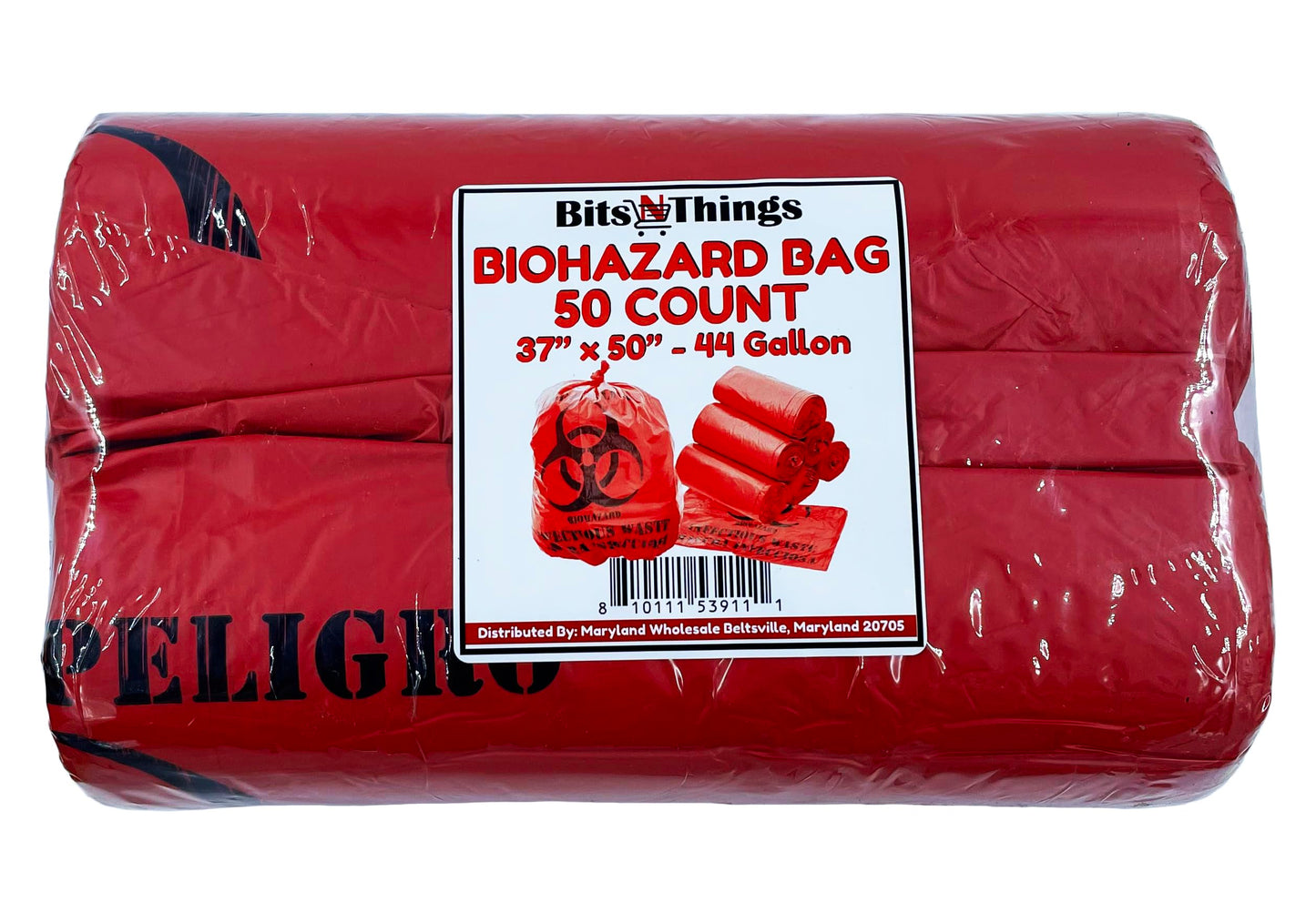 Bits N Things Infectious Biohazard Waste Bags Hazardous Trash Can Liners | Medical Grade No Leak Bags | Great for Lab Containers, Swabs, Pads, Gloves | (Red, 50 Count - 37" x 50" (44 Gallon))