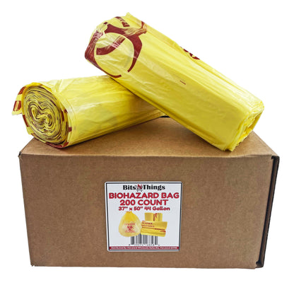 Bits N Things Infectious Biohazard Yellow Waste Bags | Hazardous Trash Can Liners | Medical Grade No Leak Bags | Great for Lab Containers, Swabs, Pads, Gloves | (200 Count - 37" x 50" (44 Gallon))