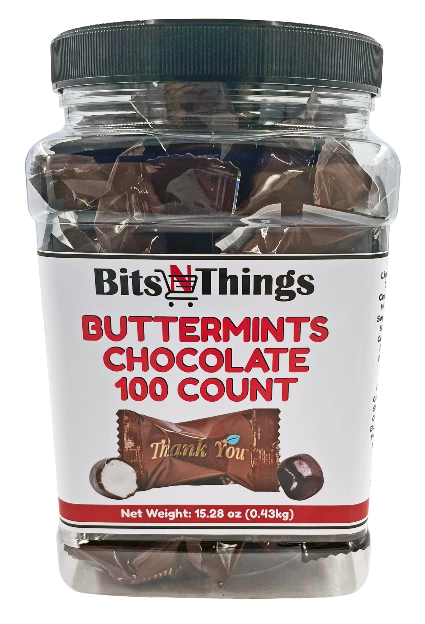 Bits N Things Thank You Buttermints, Individually Wrapped Soft Mint Candies - Pack of 100 (Chocolate Buttermint)