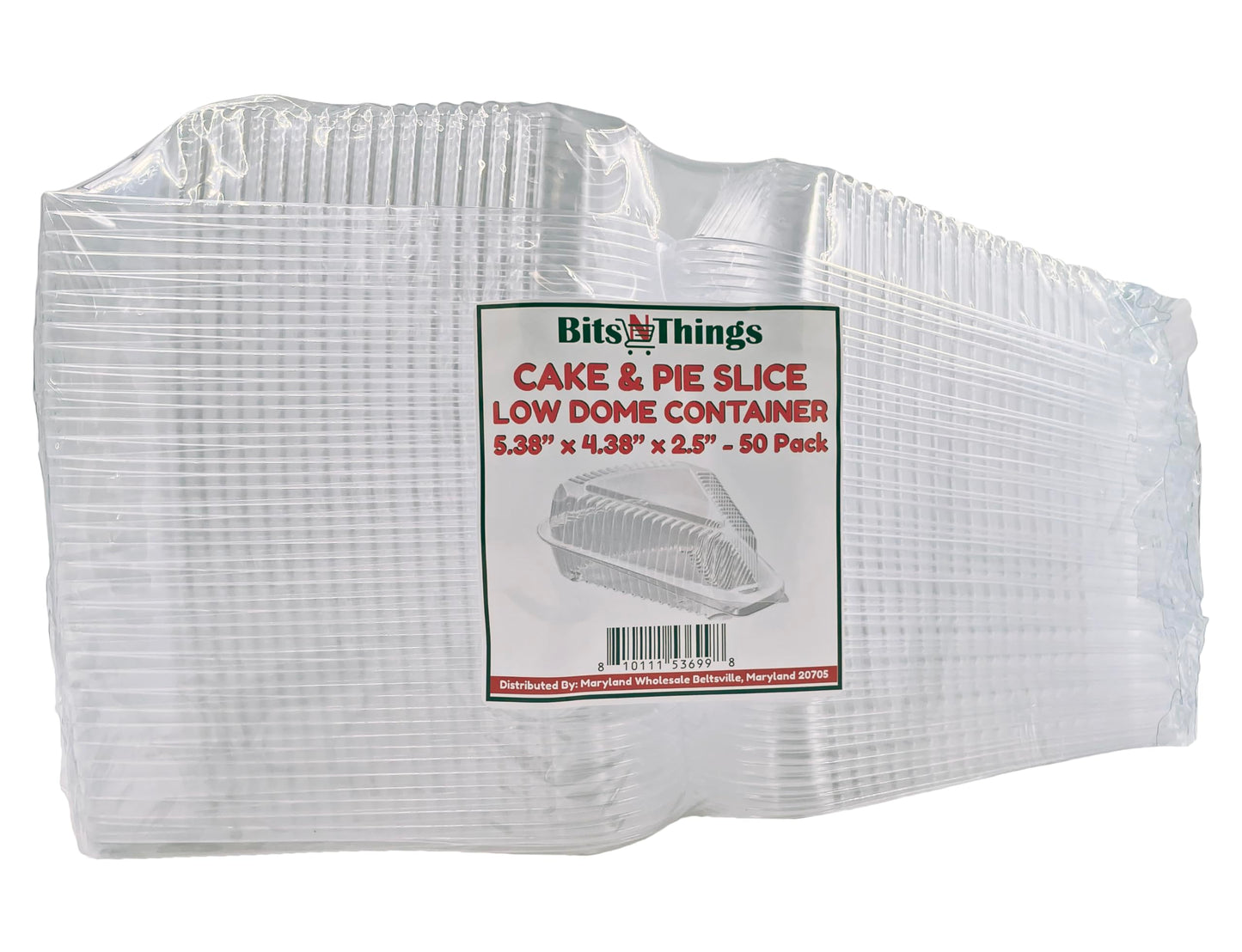 Bits N Things [50 Pack] Cake Slice Plastic Containers with Lids - Single 5“ Clear Low Dome Hinged Lid Cheesecake Container, Pie Dessert, Food Box, Take Out Togo for home and bakery.
