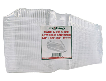 Bits N Things [50 Pack] Cake Slice Plastic Containers with Lids - Single 5“ Clear Low Dome Hinged Lid Cheesecake Container, Pie Dessert, Food Box, Take Out Togo for home and bakery.