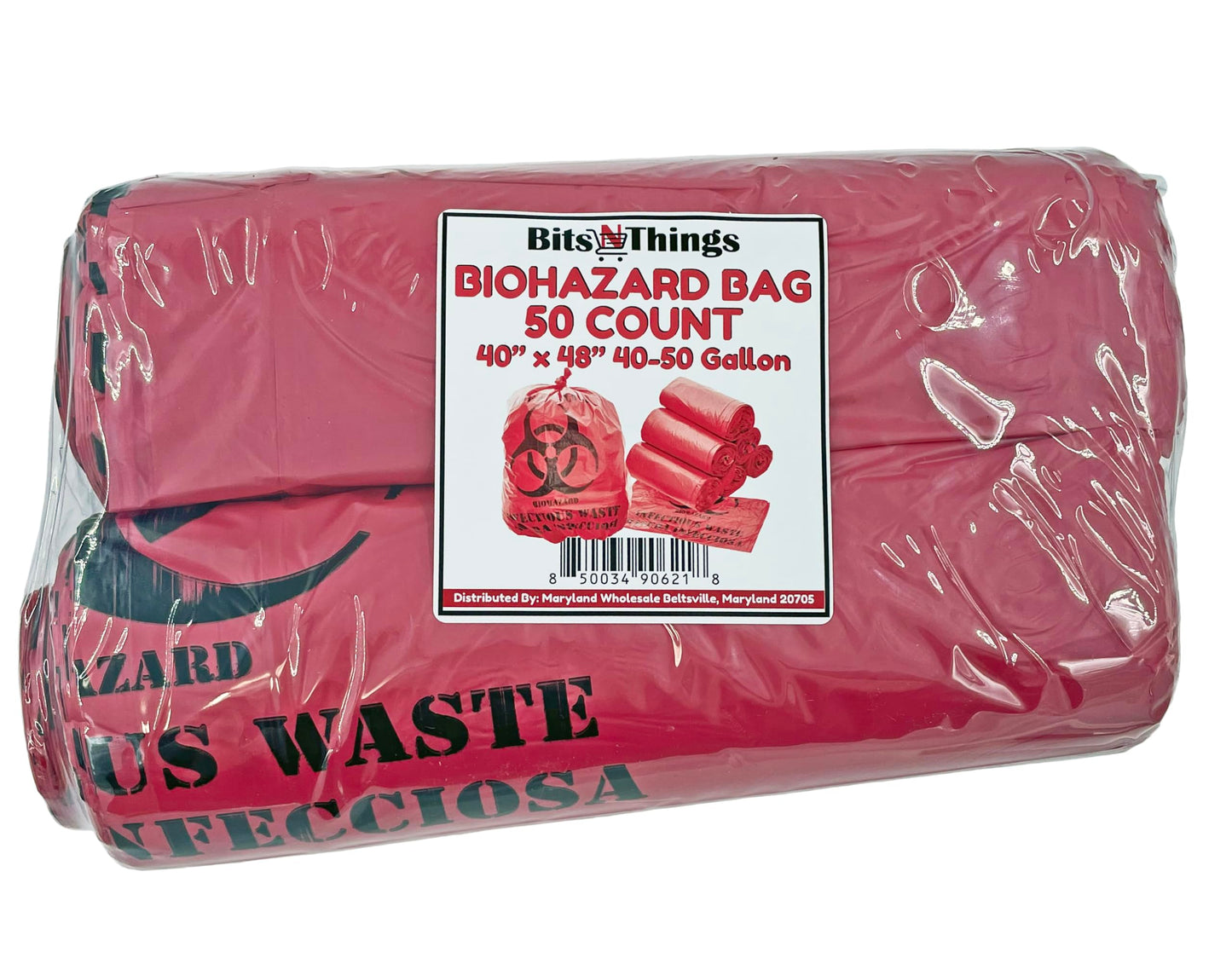 Bits N Things Infectious Biohazard Waste Bags Hazardous Trash Can Liners | Medical Grade No Leak Bags | Great for Lab Containers, Swabs, Pads, Gloves | (50 Count - 40" x 48" (40-45 Gallon))