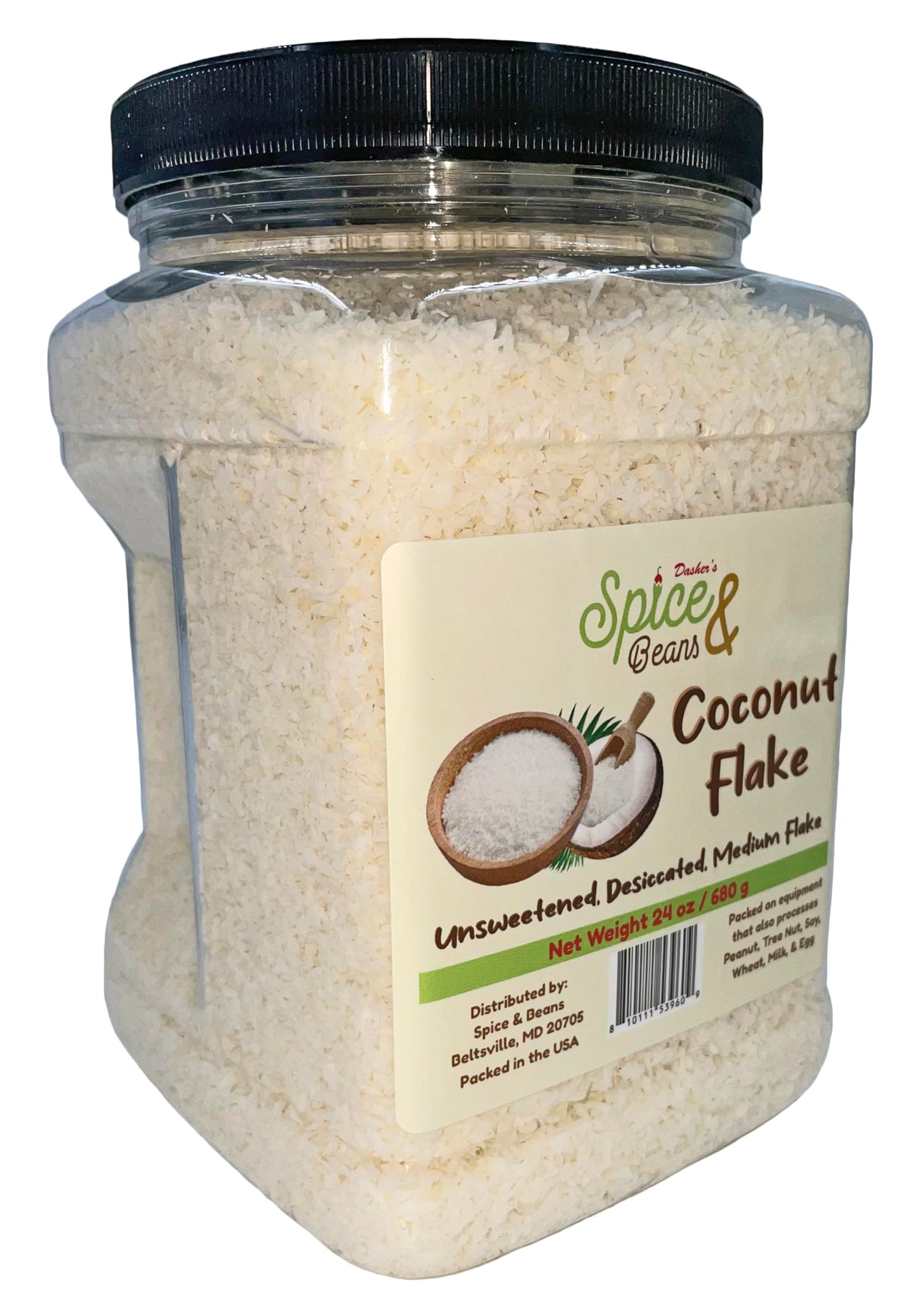 Unsweetened Coconut Flakes | Desiccated Dry Medium Flake | Made in America | by Dasher's Spice & Beans | 1.5 lb. Container