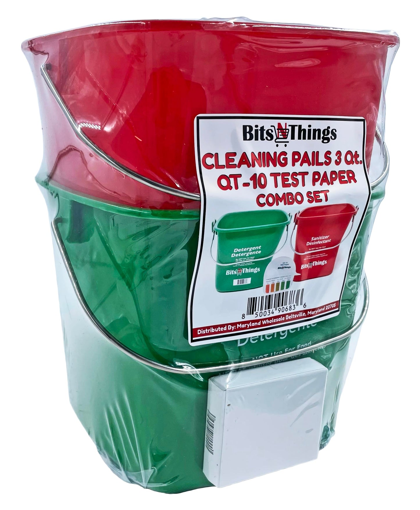 Bits N Things Cleaning Pails - Red Sanitizing (1), Green Detergent (1) 3 Quart,Cleaning Buckets, and QT-10 Quaternary Sanitizer Test Tape 15 feet Roll (1)
