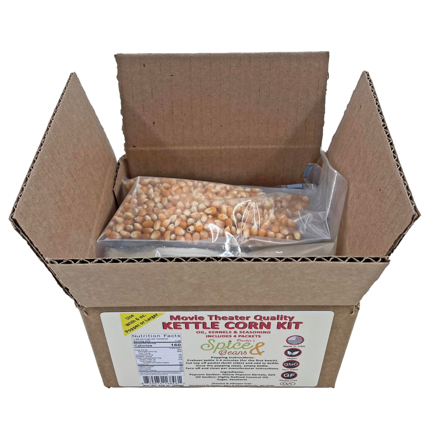 Home Theater All in One Kettle corn Kit For 6 oz. Popper | Portion Packets with Kernels, Oil and Seasoning | By Dasher's Spice & Beans | Pack of 4