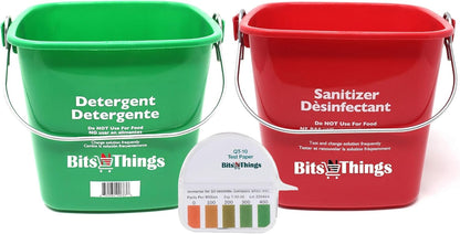 Bits N Things Cleaning Pails - Red Sanitizing (1), Green Detergent (1) 3 Quart,Cleaning Buckets, and QT-10 Quaternary Sanitizer Test Tape 15 feet Roll (1)