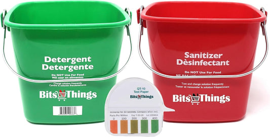 Bits N Things Cleaning Pails - Red Sanitizing (1), Green Detergent (1) 3 Quart,Cleaning Buckets, and QT-10 Quaternary Sanitizer Test Tape 15 feet Roll (1)