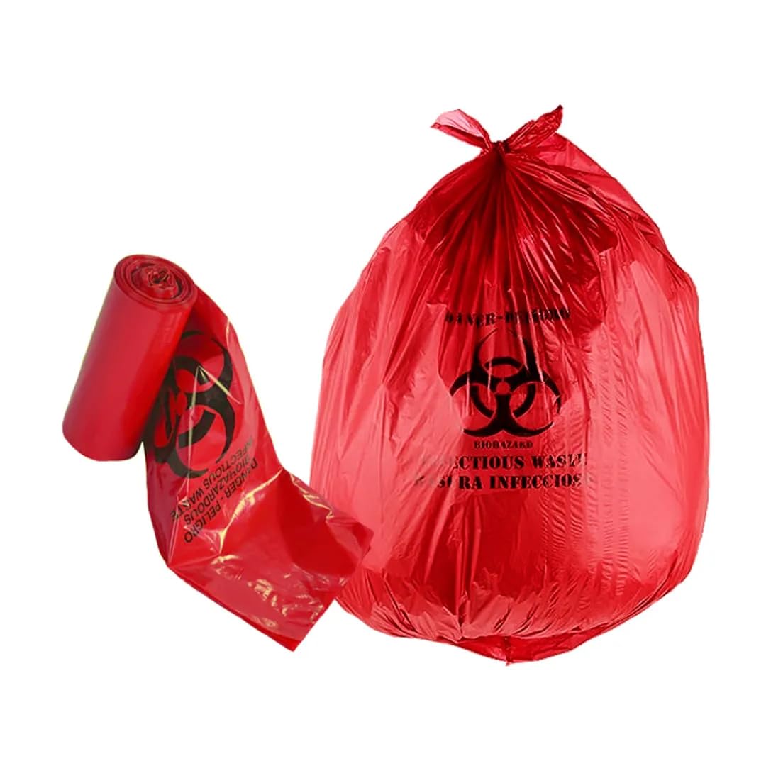 Bits N Things Infectious Biohazard Waste Bags Hazardous Trash Can Liners | Medical Grade No Leak Bags | Great for Lab Containers, Swabs, Pads, Gloves | (Red, 100 Count - 17" x 18" (7 Gallon))