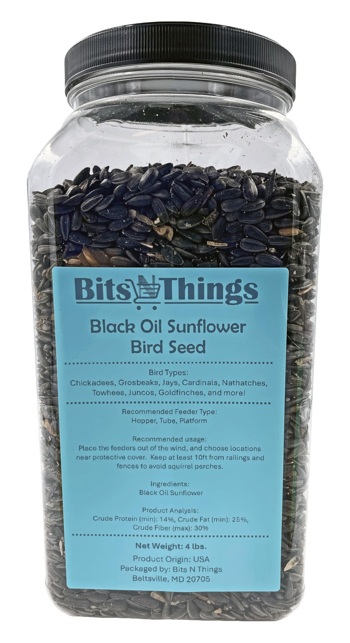 Bits N Things Wild Bird Food | Made in USA & All Season | (4 lbs., Black Oil Sunflower Seed)