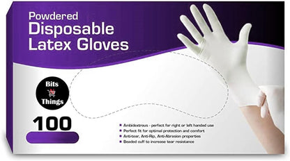 Bits N Things Latex Disposable Gloves, Comfortable, Powdered, 100 per Box (Extra Large), White