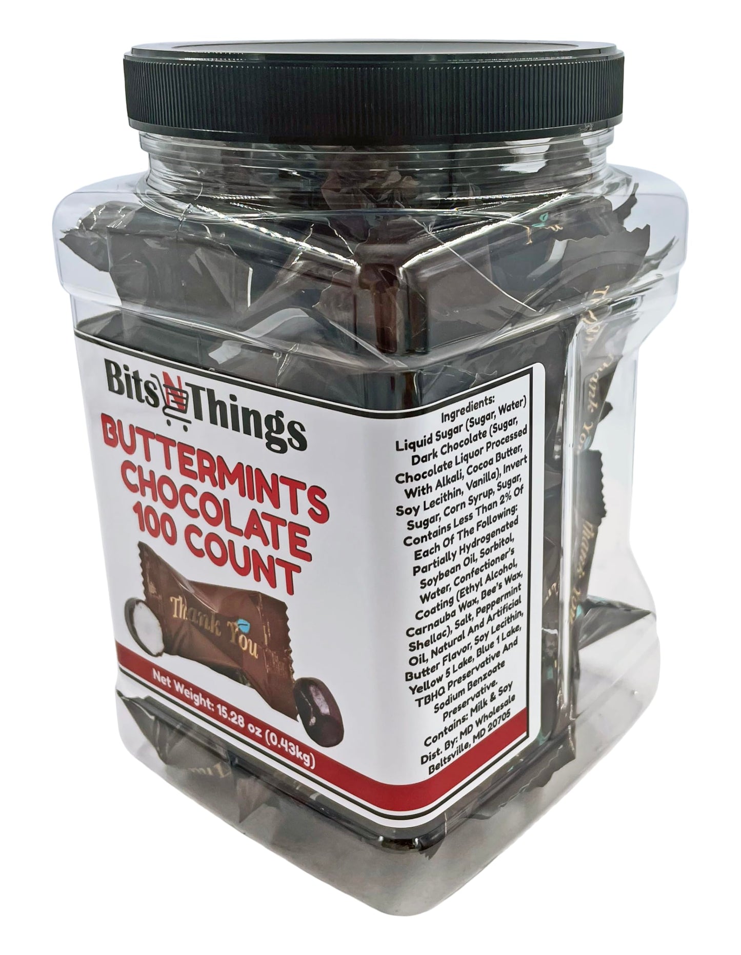 Bits N Things Thank You Buttermints, Individually Wrapped Soft Mint Candies - Pack of 100 (Chocolate Buttermint)