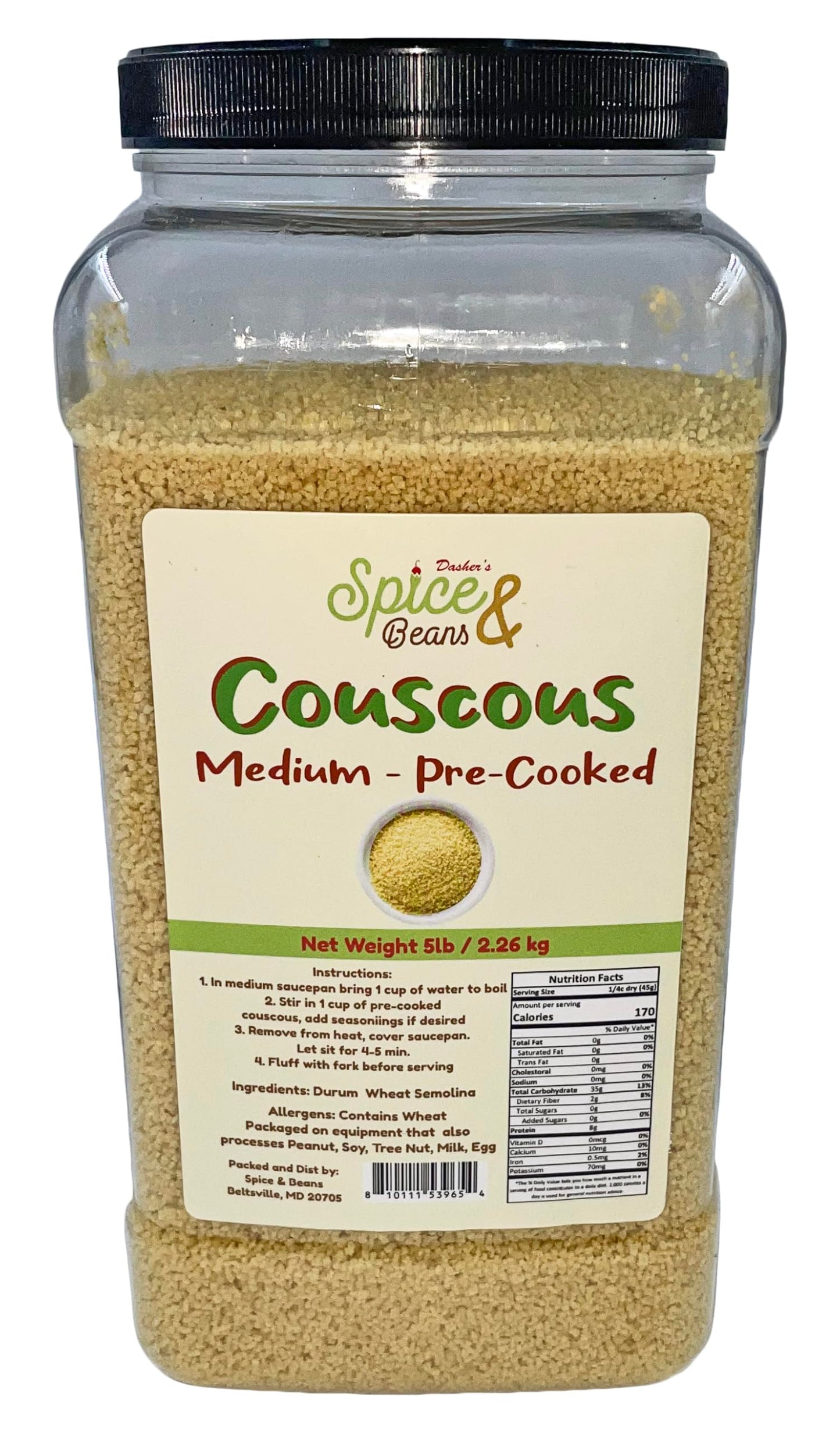 Medium Pre-cooked Couscous | Non-GMO | by Dasher's Spice & Beans | 5 lb. Container