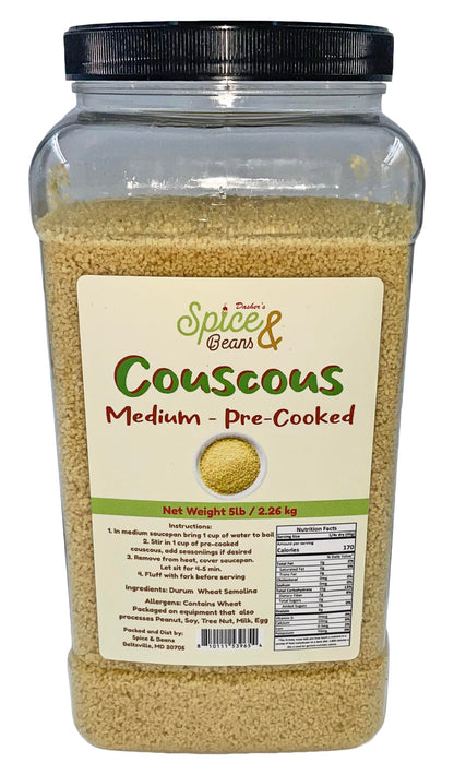 Medium Pre-cooked Couscous | Non-GMO | by Dasher's Spice & Beans | 5 lb. Container