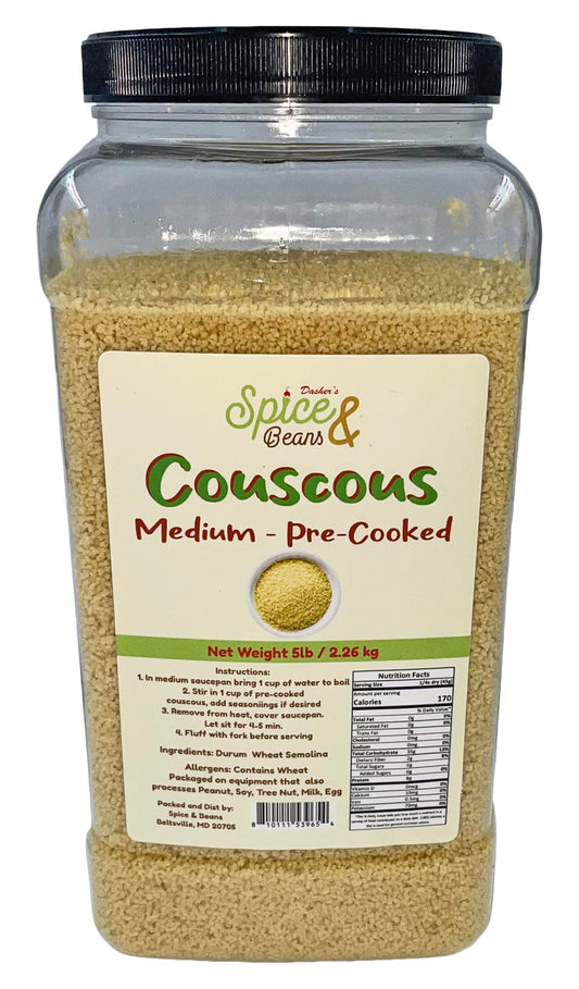 Medium Pre-cooked Couscous | Non-GMO | by Dasher's Spice & Beans | 5 lb. Container