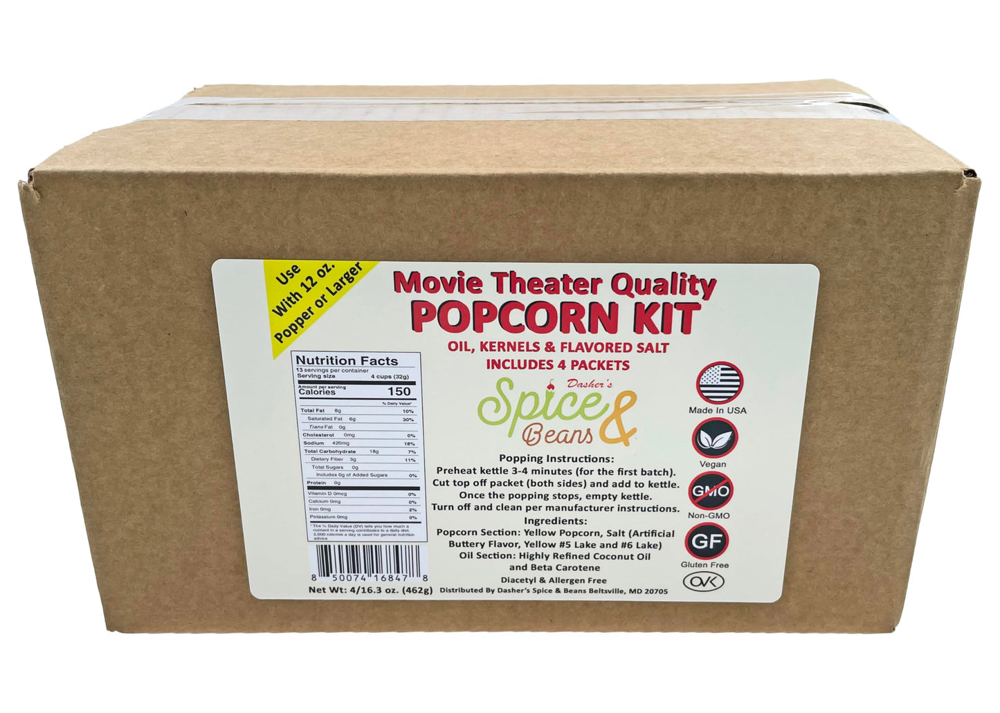 Home Theater All in One Popcorn Kit | Portion Packets with Kernels, Oil and Flavored Salt | By Dasher's Spice & Beans | Pack of 4